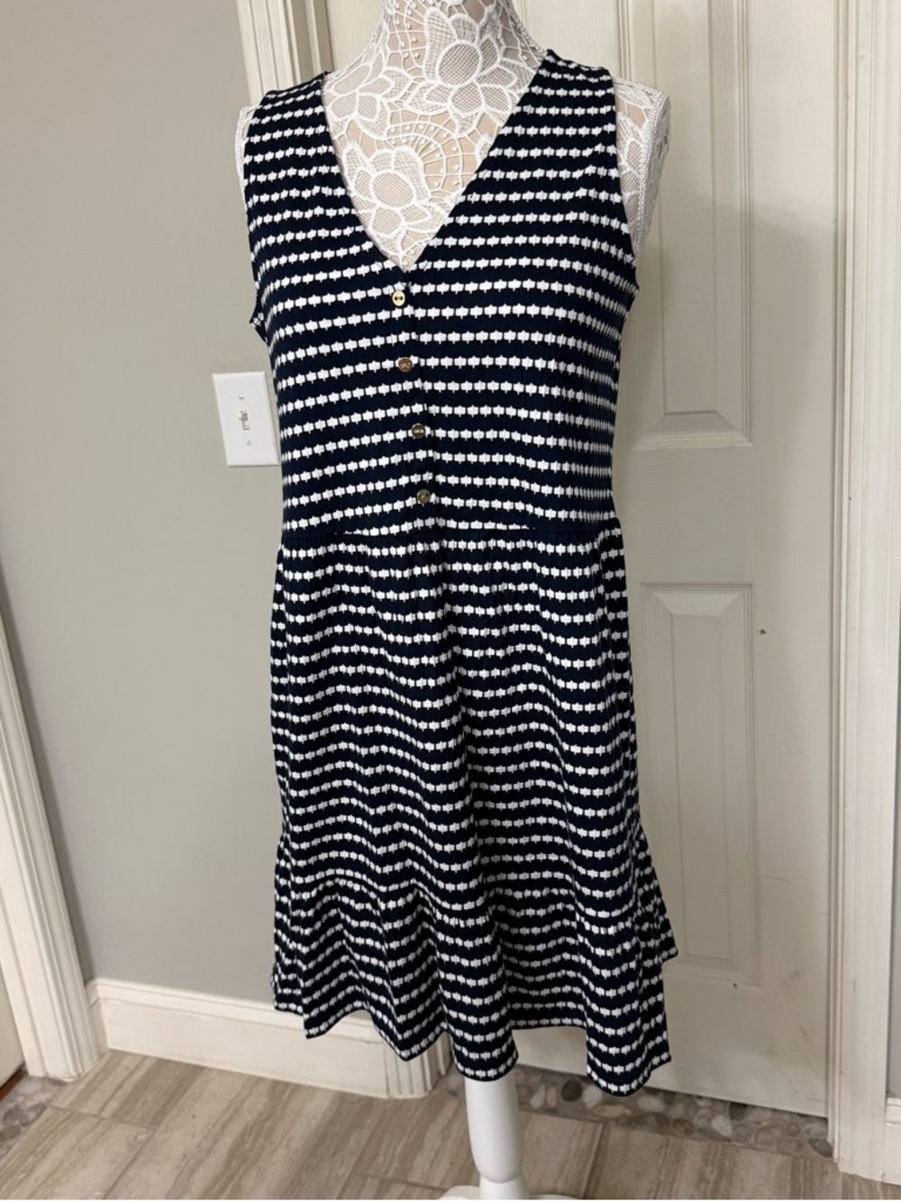 LOFT Navy and White Striped V-Neck Midi Dress NWT